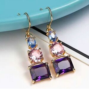 Gold Plated Amethyst Pink Zircon Blue Topaz Dangle Color Block Earrings